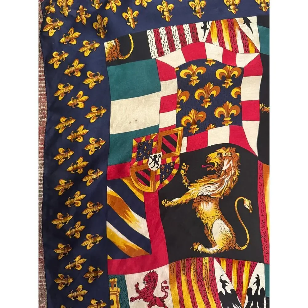 Vintage Adrienne Vittadini 100% Silk Scarf Heraldic/Equestrian Crest Print 32x34